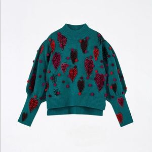 Farm Rio GREEN MONSTERA HEARTS SWEATER Size M NWT